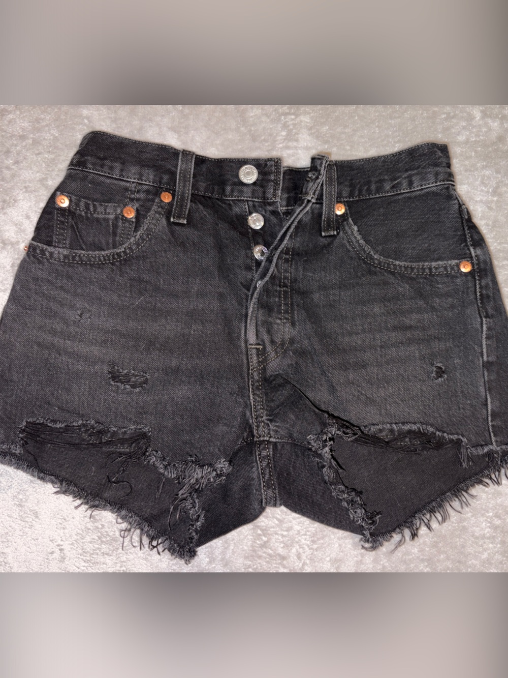 Levi 501s Distressed Black Denim Shorts